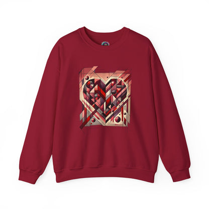 Cubist Heart Sweatshirt – Modern Art Valentine’s Day Pullover worn casually indoors, showing a deep red cubist heart design inspired by modern art