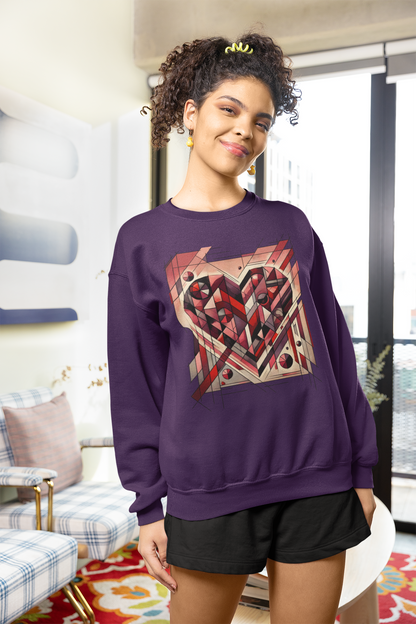 Cubist Heart Sweatshirt – Modern Art Valentine’s Day Pullover worn in a contemporary space, featuring a rich purple sweatshirt with layered cubist heart shapes