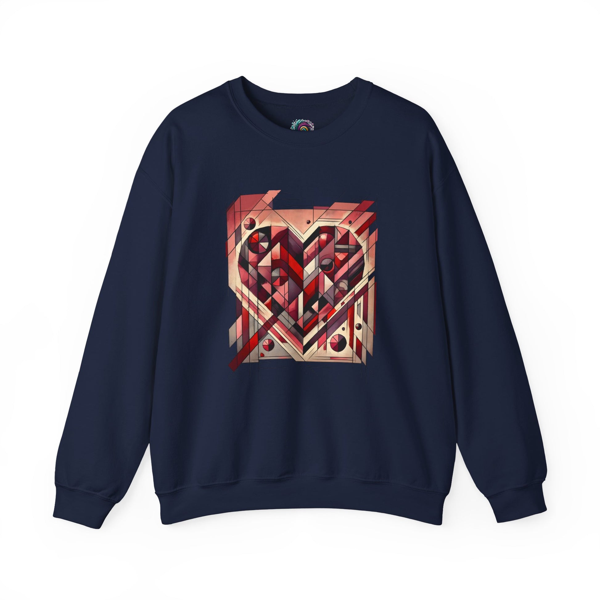 Cubist Heart Sweatshirt – Modern Art Valentine’s Day Pullover laid flat in Navy, featuring a Picasso-inspired cubist heart