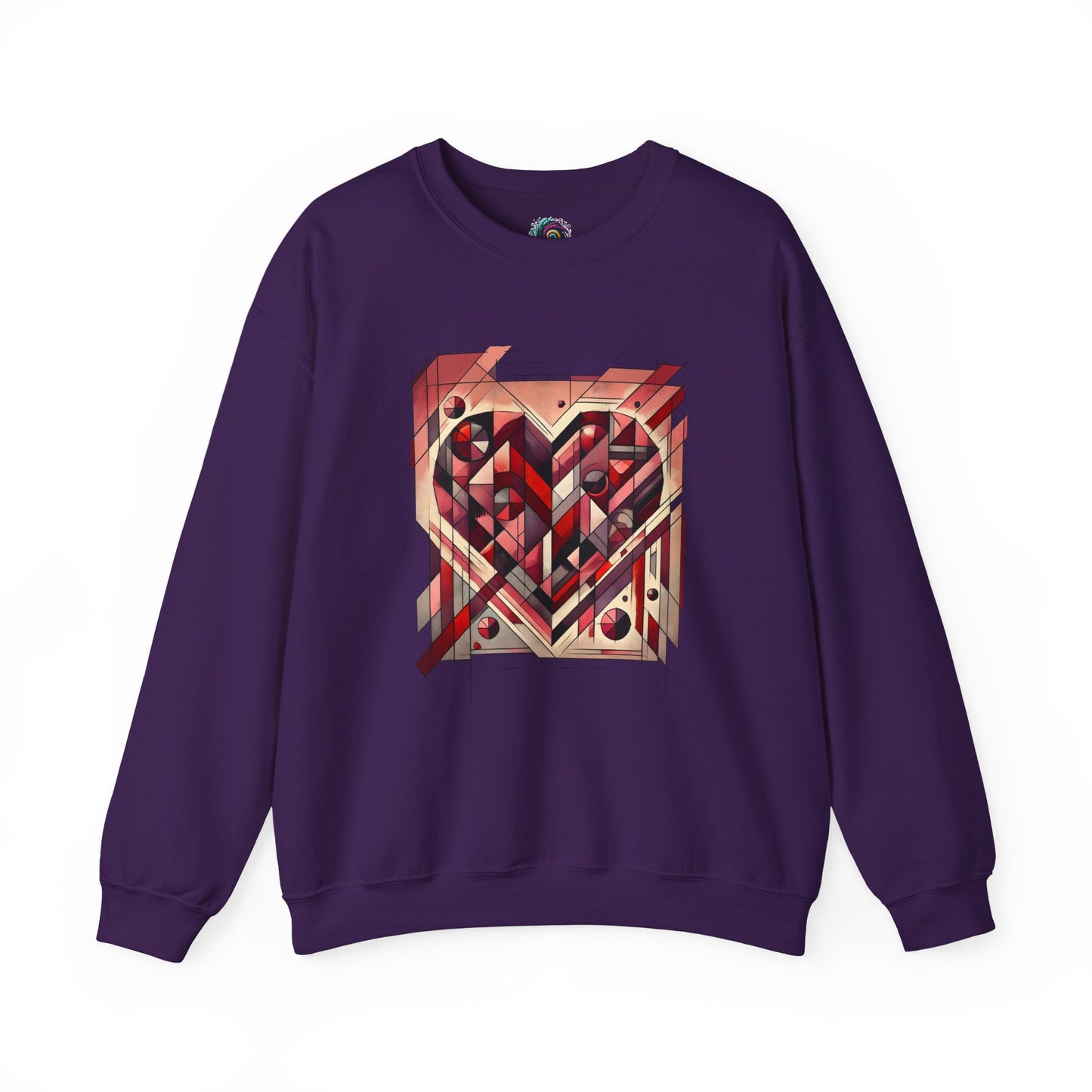 Cubist Heart Sweatshirt – Modern Art Valentine’s Day Pullover laid flat in Purple, displaying abstract geometric heart art
