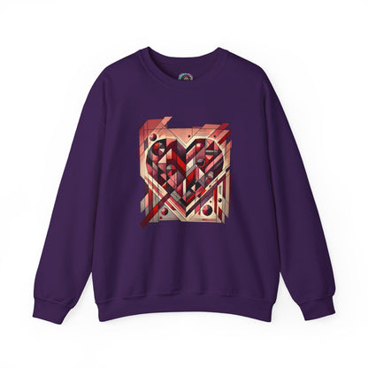 Cubist Heart Sweatshirt – Modern Art Valentine’s Day Pullover laid flat in Purple, displaying abstract geometric heart art