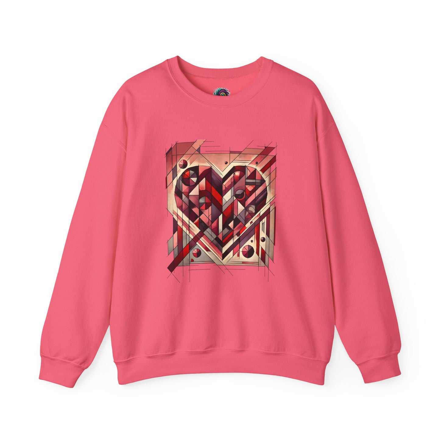 Cubist Heart Sweatshirt – Modern Art Valentine’s Day Pullover laid flat in Safety Pink with bold cubist Valentine’s heart artwork