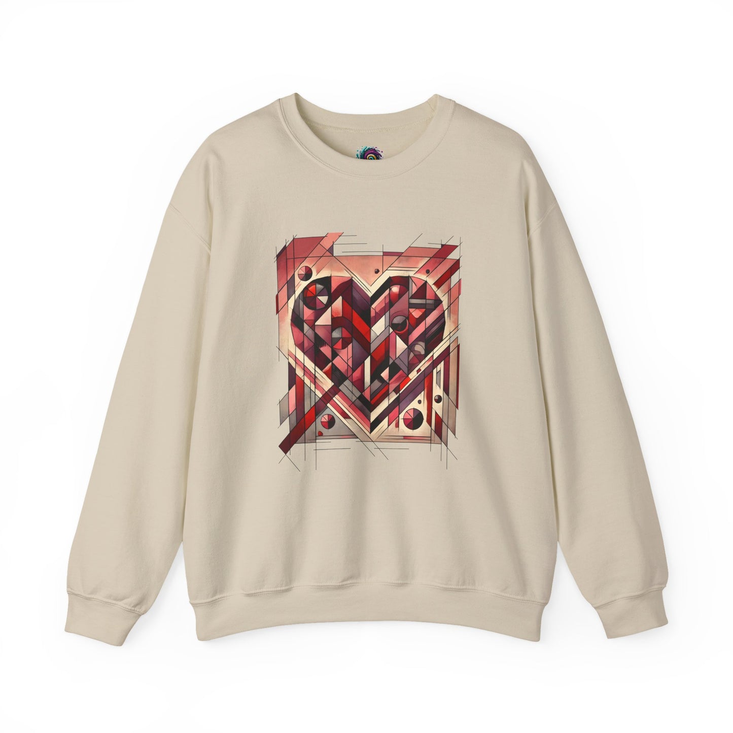 Cubist Heart Sweatshirt – Modern Art Valentine’s Day Pullover laid flat in Sand, highlighting the angular cubist heart graphic
