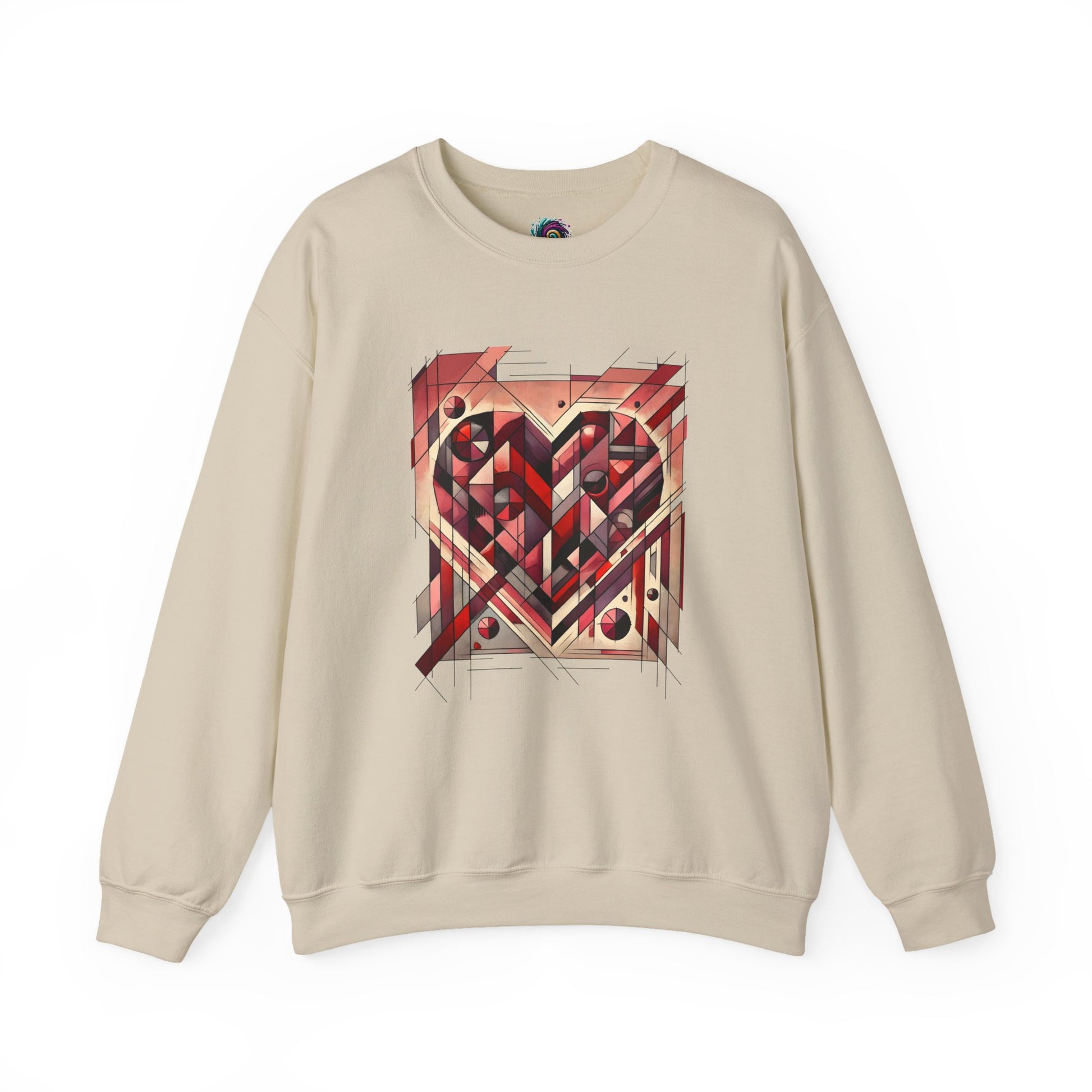 Cubist Heart Sweatshirt – Modern Art Valentine’s Day Pullover laid flat in Sand, highlighting the angular cubist heart graphic