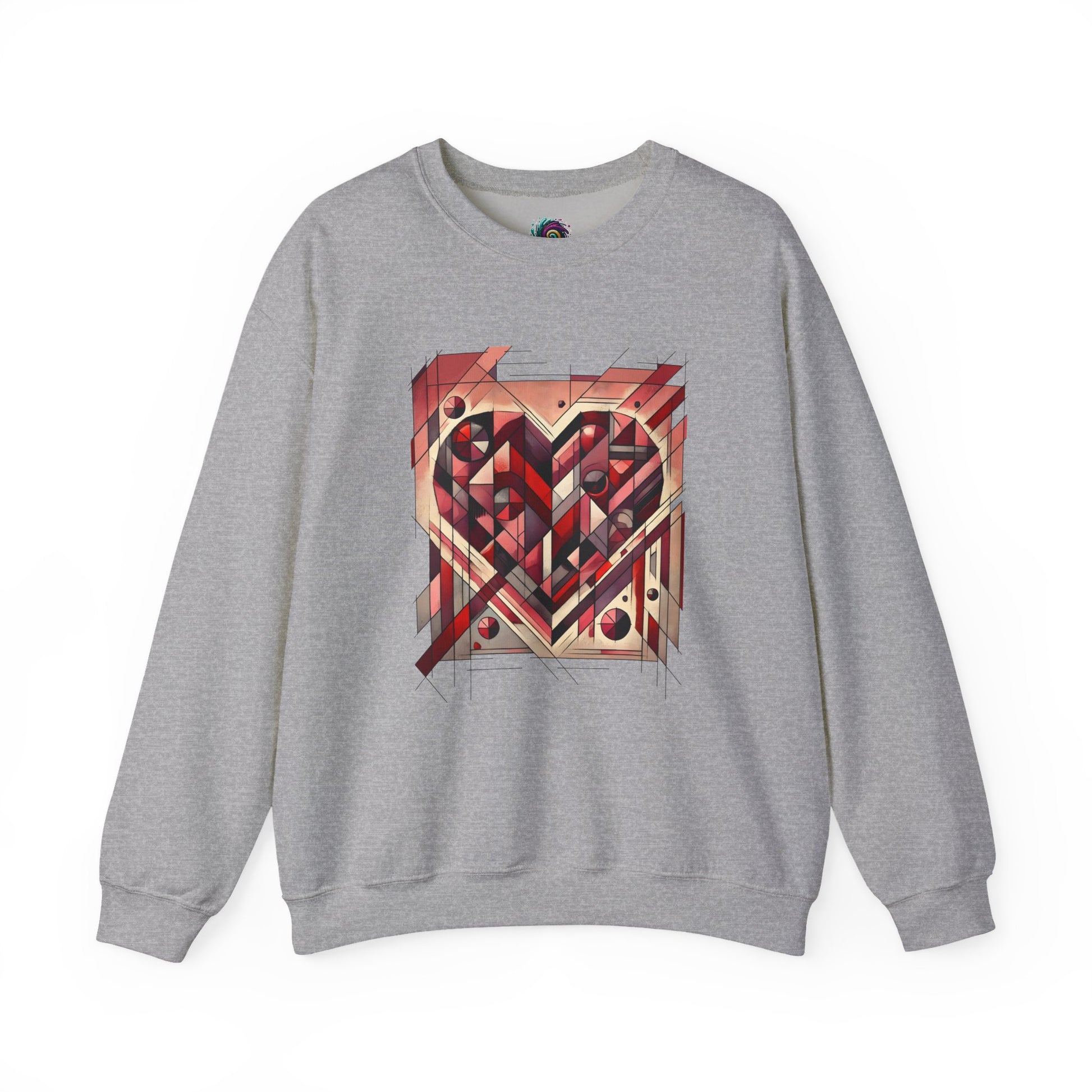 Cubist Heart Sweatshirt – Modern Art Valentine’s Day Pullover laid flat in Sport Grey with modern cubist heart illustration