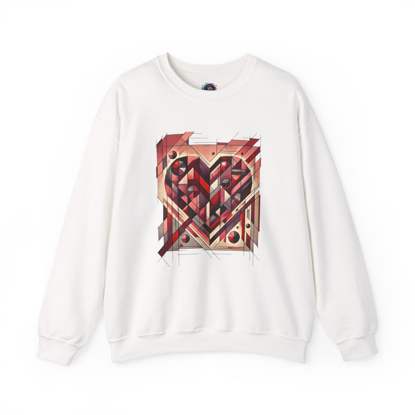 Cubist Heart Sweatshirt – Modern Art Valentine’s Day Pullover laid flat in White, featuring a clean presentation of the cubist heart design