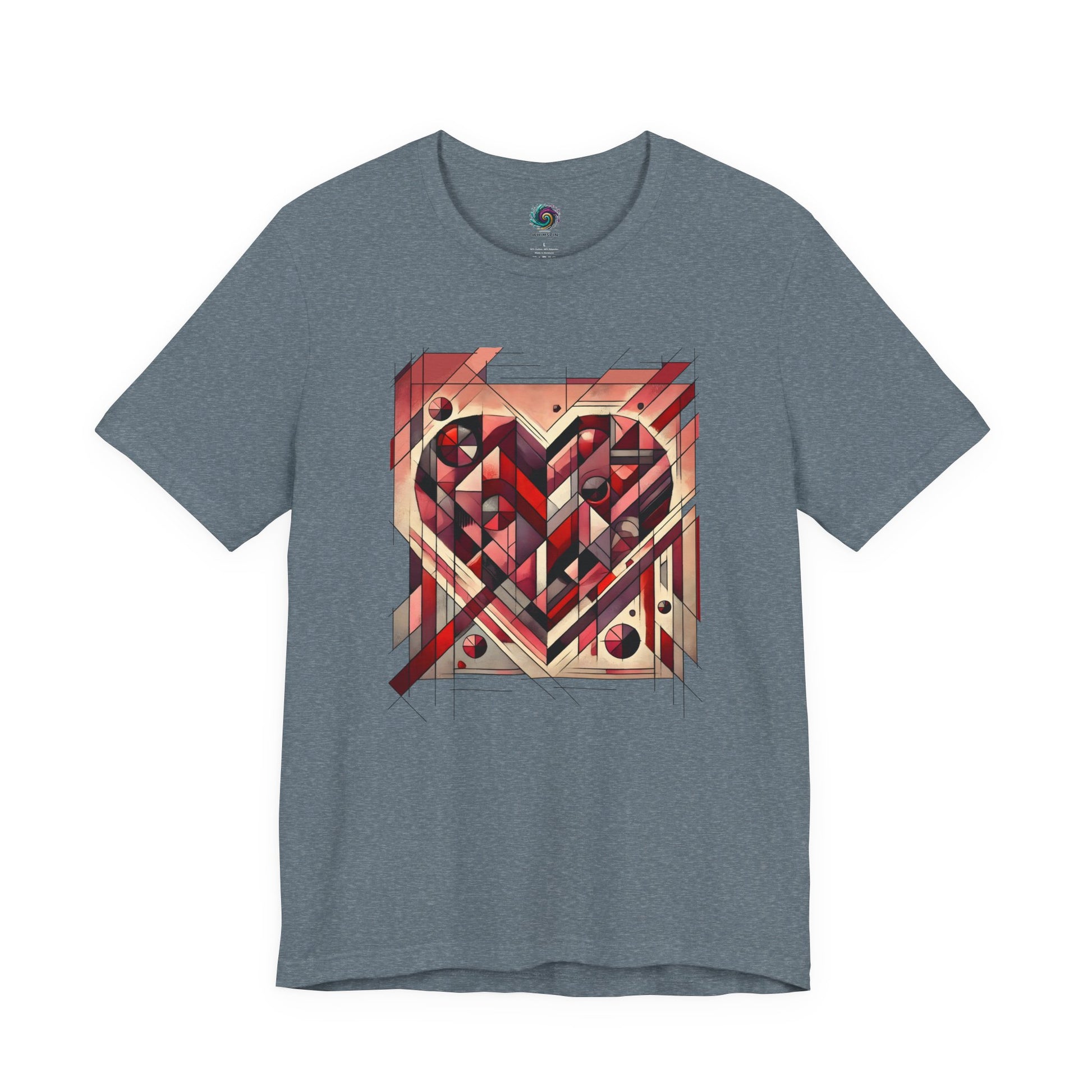 Cubist Heart T-Shirt – Modern Art Valentine's Day Graphic Tee in Heather Slate, showcasing a modern art heart with cubism-inspired structure and cool neutral tones.