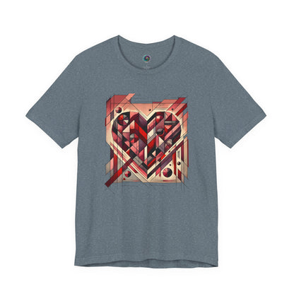 Cubist Heart T-Shirt – Modern Art Valentine's Day Graphic Tee in Heather Slate, showcasing a modern art heart with cubism-inspired structure and cool neutral tones.