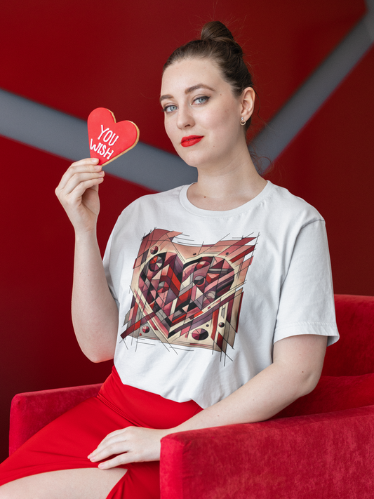 Cubist Heart T-Shirt – Modern Art Valentine's Day Graphic Tee styled on a model against a red backdrop, featuring a cubist heart design inspired by modern art and cubism valentine aesthetics.