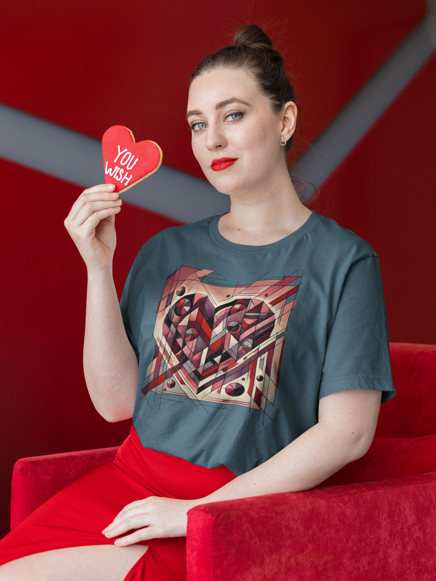 Cubist Heart T-Shirt – Modern Art Valentine's Day Graphic Tee styled on a model against a red backdrop, featuring a cubist heart design inspired by modern art and cubism valentine aesthetics.