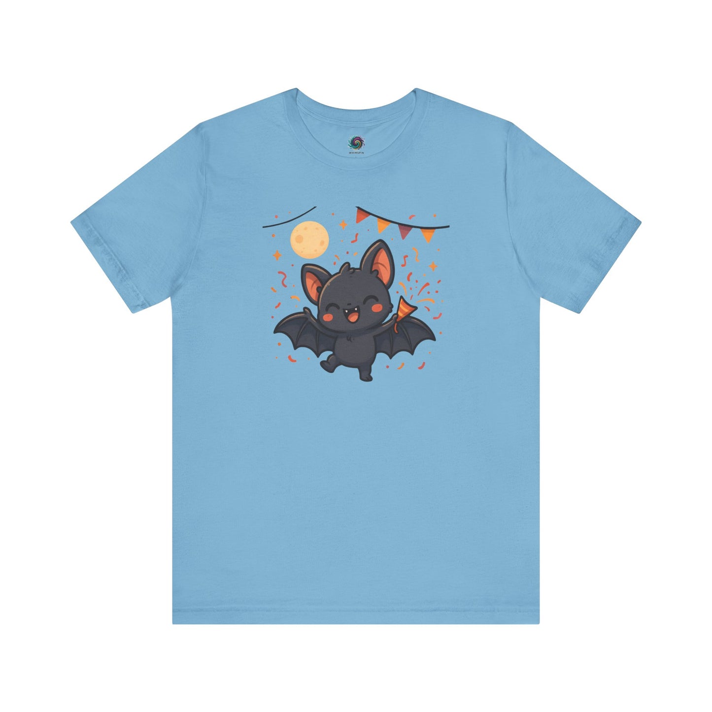 Chibi Bat T-Shirt – Cute Bat Chibi Halloween Shirt for All Ages in ocean blue with a cartoon bat in a night sky scene, surrounded by festive icons.