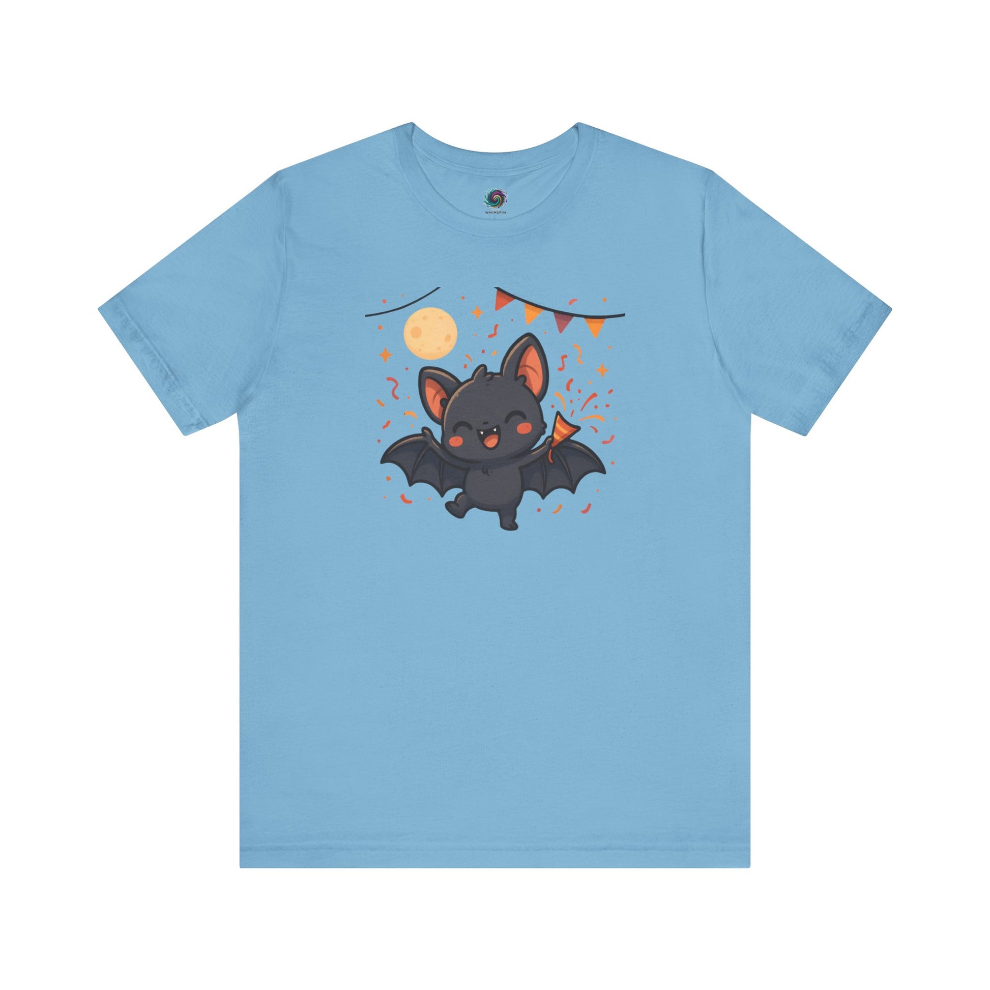 Chibi Bat T-Shirt – Cute Bat Chibi Halloween Shirt for All Ages in ocean blue with a cartoon bat in a night sky scene, surrounded by festive icons.