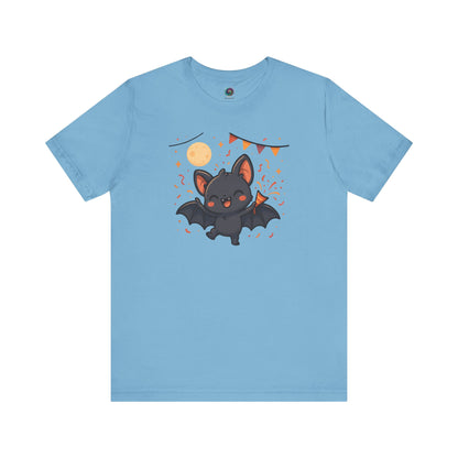Chibi Bat T-Shirt – Cute Bat Chibi Halloween Shirt for All Ages in ocean blue with a cartoon bat in a night sky scene, surrounded by festive icons.