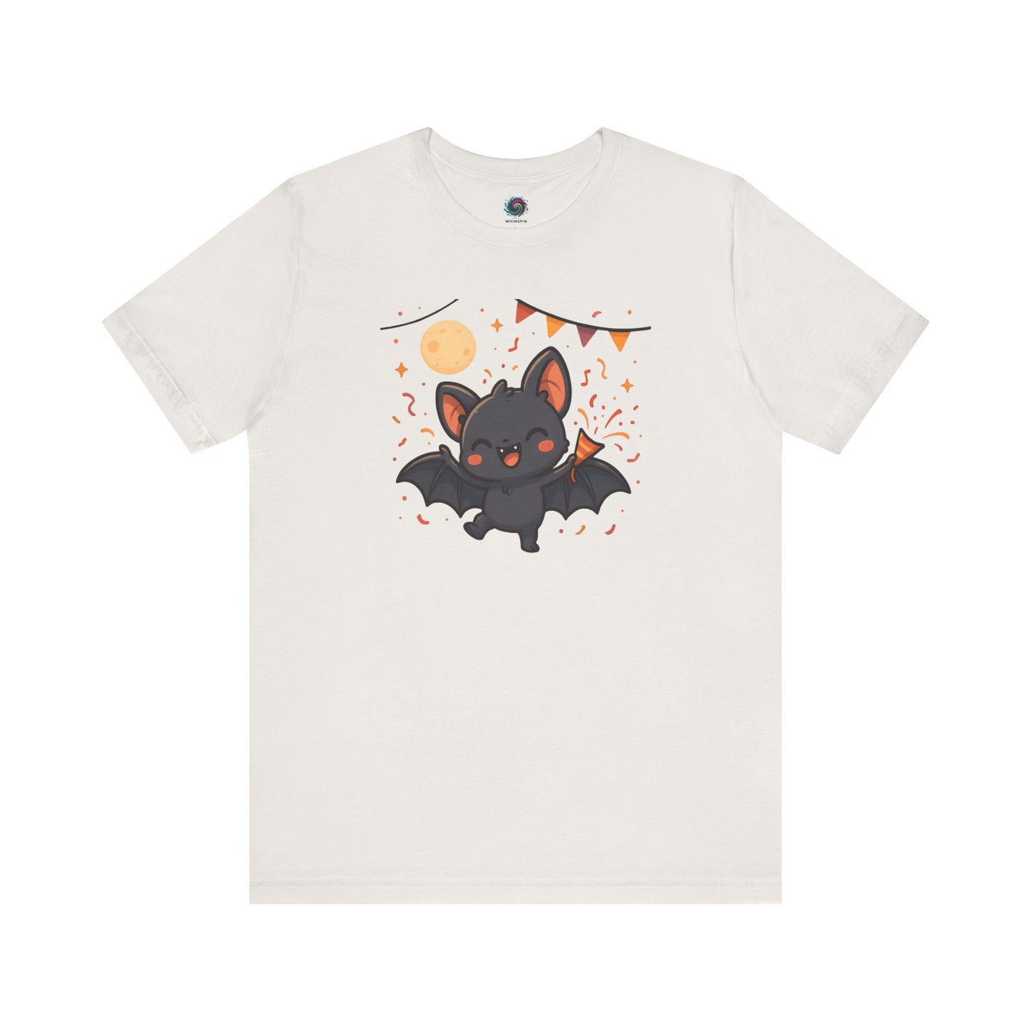 Chibi Bat T-Shirt – Cute Bat Chibi Halloween Shirt for All Ages in vintage white, showcasing a cheerful cartoon bat at a festive night celebration.