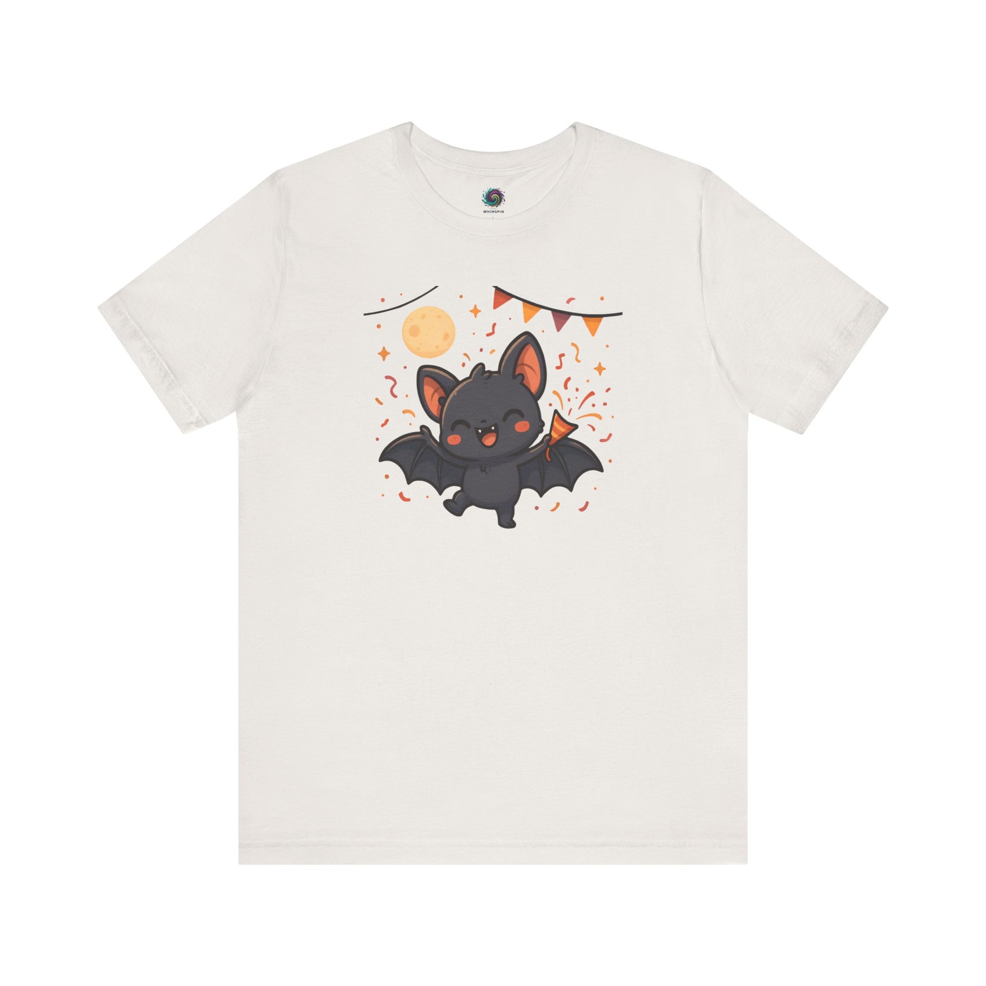 Chibi Bat T-Shirt – Cute Bat Chibi Halloween Shirt for All Ages in vintage white, showcasing a cheerful cartoon bat at a festive night celebration.