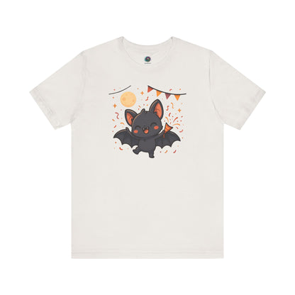 Chibi Bat T-Shirt – Cute Bat Chibi Halloween Shirt for All Ages in vintage white, showcasing a cheerful cartoon bat at a festive night celebration.