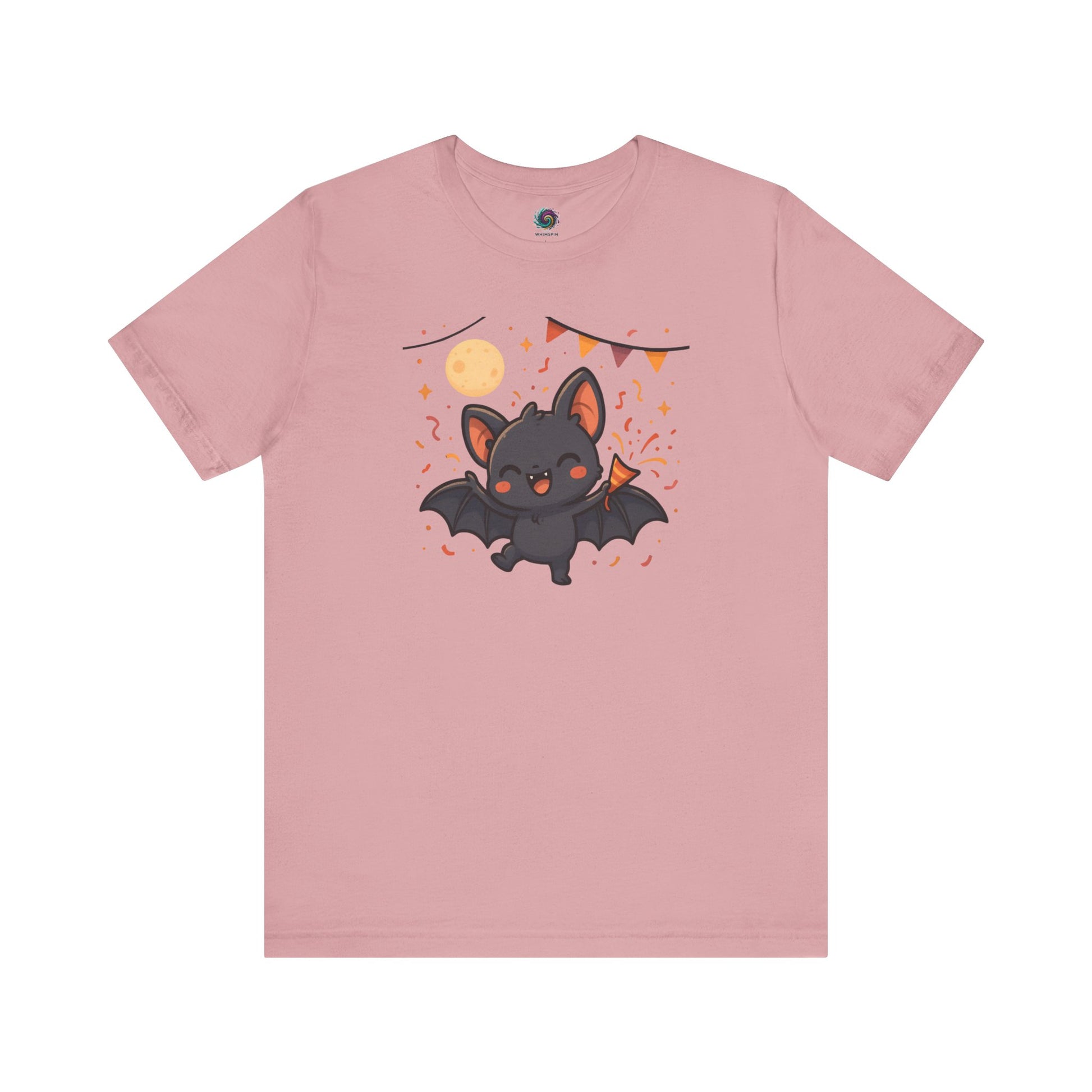 Chibi Bat T-Shirt – Cute Bat Chibi Halloween Shirt for All Ages in orchid purple with a wide-eyed bat beneath a moon and orange festive details.