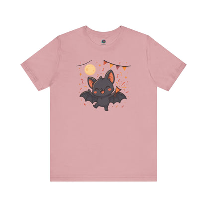 Chibi Bat T-Shirt – Cute Bat Chibi Halloween Shirt for All Ages in orchid purple with a wide-eyed bat beneath a moon and orange festive details.