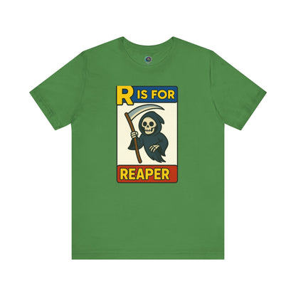 R Is For Reaper T-Shirt – Cute Grim Reaper Shirt from the Monster Alphabet Series in leaf green, ideal for quirky Halloween outfits
