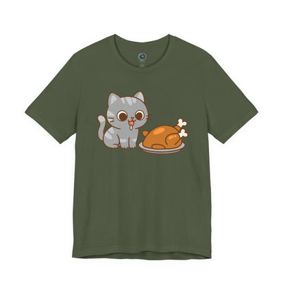 Thanksgiving Cat T-Shirt – Cute Hungry Cat and Turkey Tee in military green with festive feline and turkey illustration