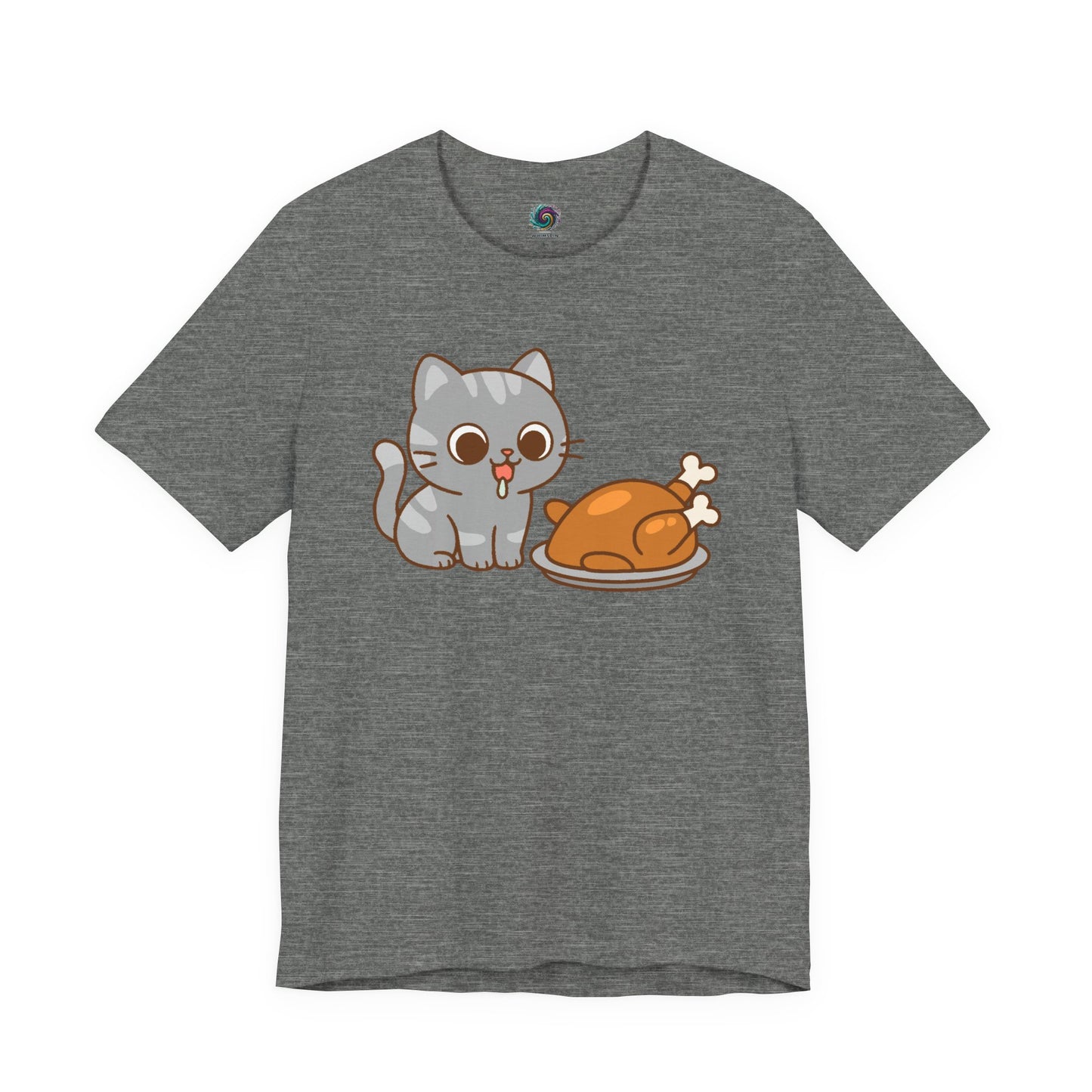 Thanksgiving Cat T-Shirt – Cute Hungry Cat and Turkey Tee in deep heather with playful kitten and plate of turkey