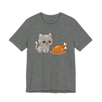 Thanksgiving Cat T-Shirt – Cute Hungry Cat and Turkey Tee in deep heather with playful kitten and plate of turkey