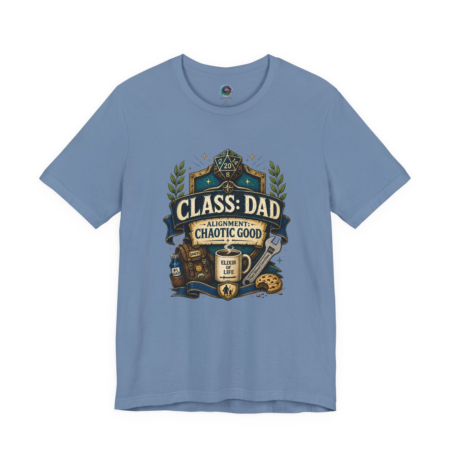 Steel Blue Chaotic Good Dad T-Shirt featuring D20 roleplaying dice and gamer dad themed crest illustration