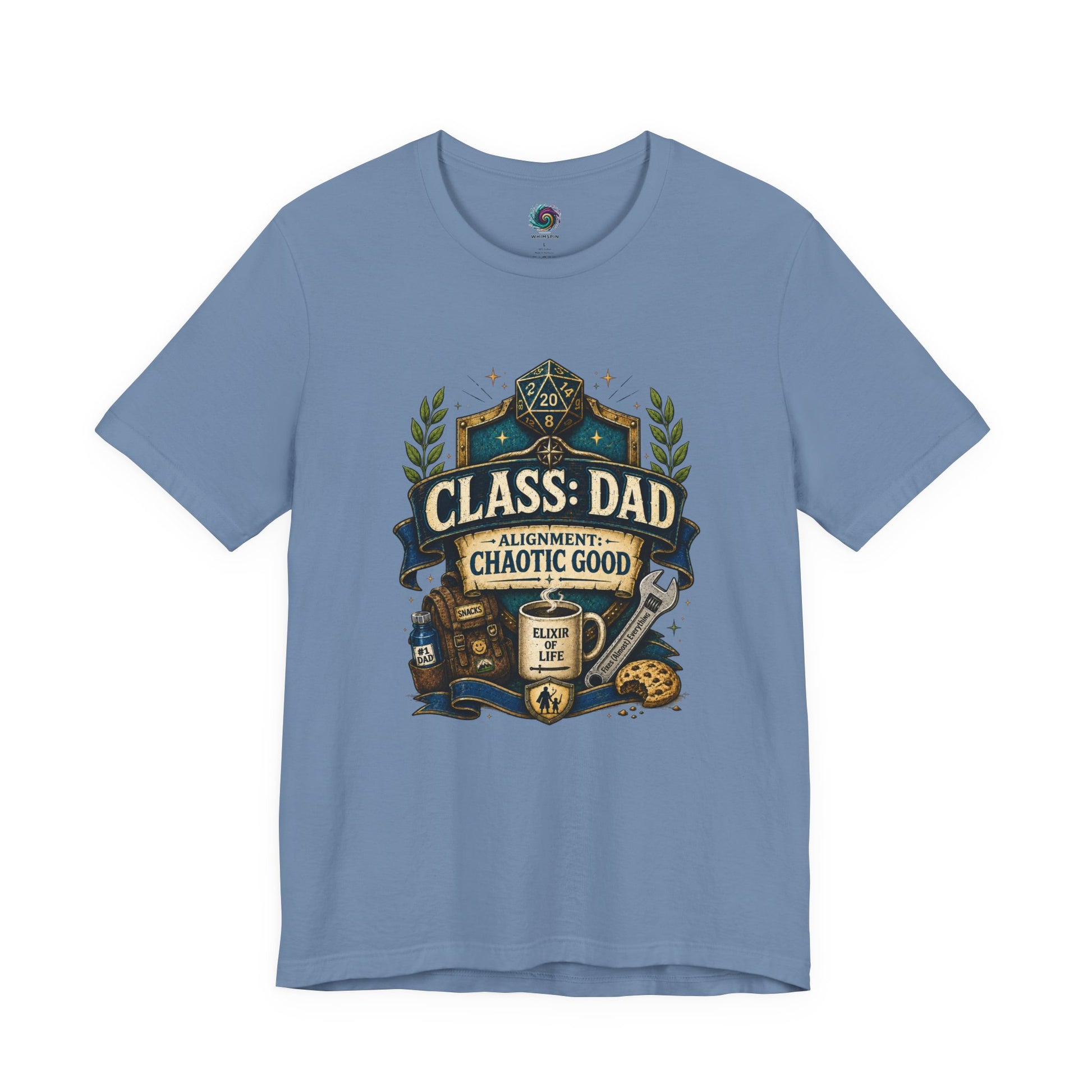 Steel Blue Chaotic Good Dad T-Shirt featuring D20 roleplaying dice and gamer dad themed crest illustration