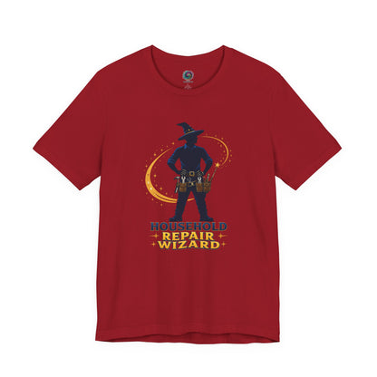 Canvas Red Household Repair Wizard T-Shirt with humorous fantasy repairman artwork for dads who fix everything