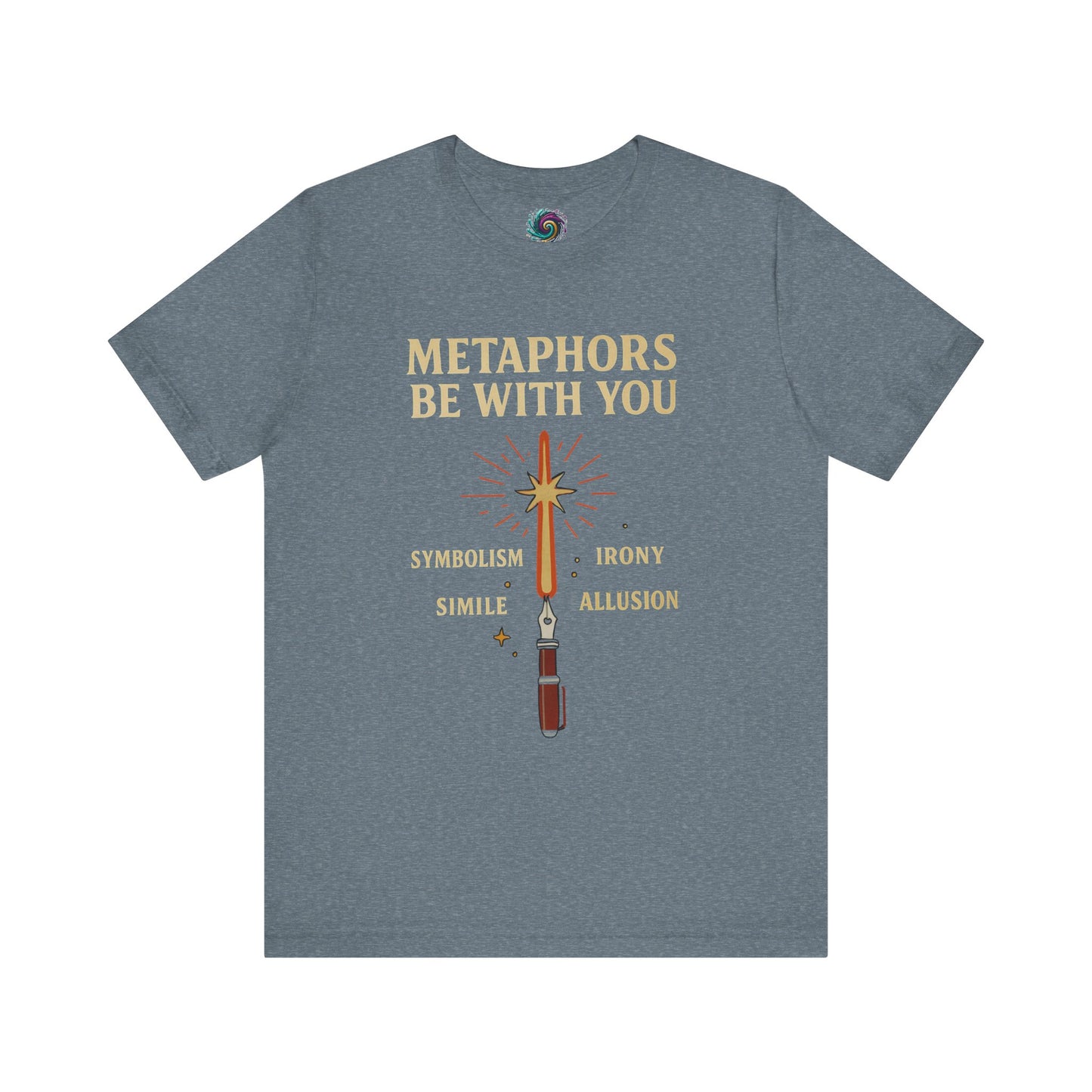 Dark Heather Teal t-shirt with 'Metaphors Be With You' text and sword graphic on a white background from WhimSpin