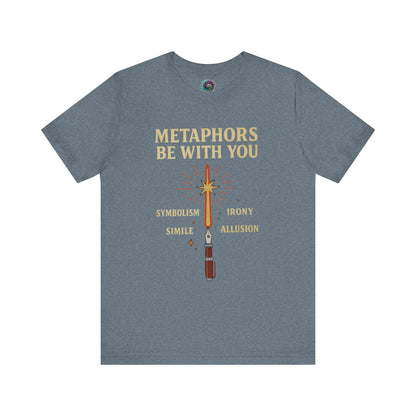 Dark Heather Teal t-shirt with 'Metaphors Be With You' text and sword graphic on a white background from WhimSpin