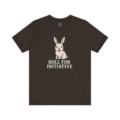Roll for Initiative T-Shirt – Killer Bunny Humor Gaming Tee in earthy brown, for DnD sessions and geeky gatherings