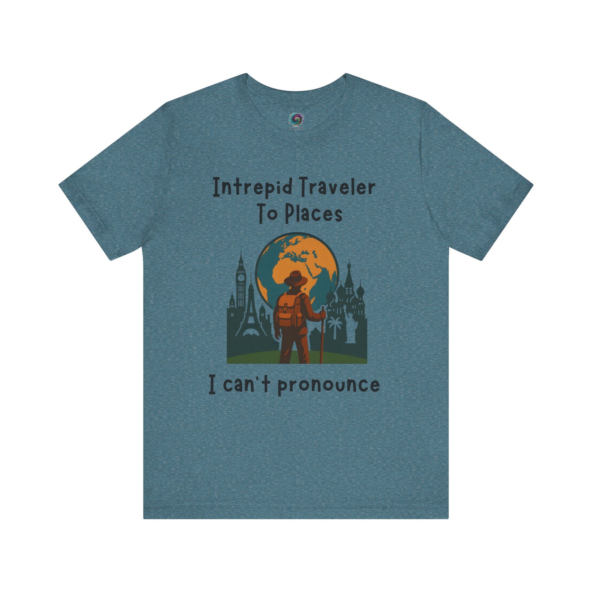 Dark teal t-shirt with a graphic design  with landmarks and the world and text on a white background for global travelers