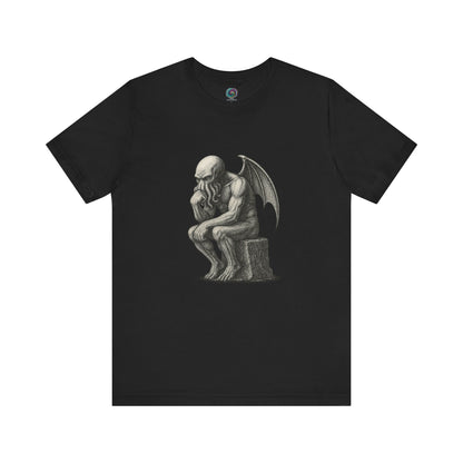 The Thinker Cthulhu Shirt – Lovecraftian Funny T-Shirt Unisex Graphic Tee in black showcasing a bold Cthulhu Thinker parody for fans of myth and horror.