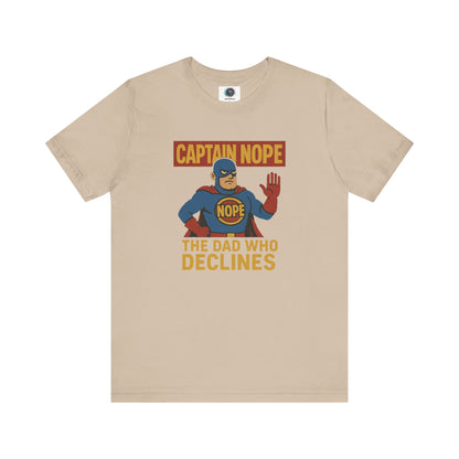 Captain Nope Dad Shirt in tan, cartoon superhero design makes it a perfect gag gift for fathers with a firm “no.”