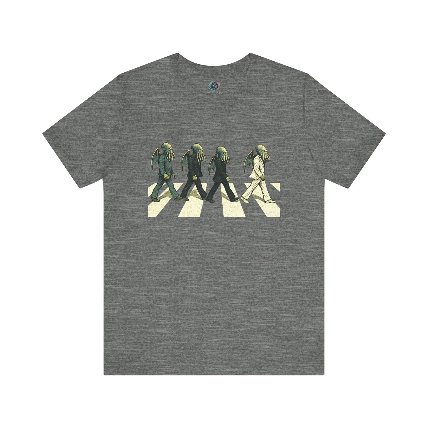 Cthulhu Crossing T-Shirt – Beatles Abbey Road Parody Tee in deep heather, flat lay Abbey Road parody t shirt with singer Cthulhu design.