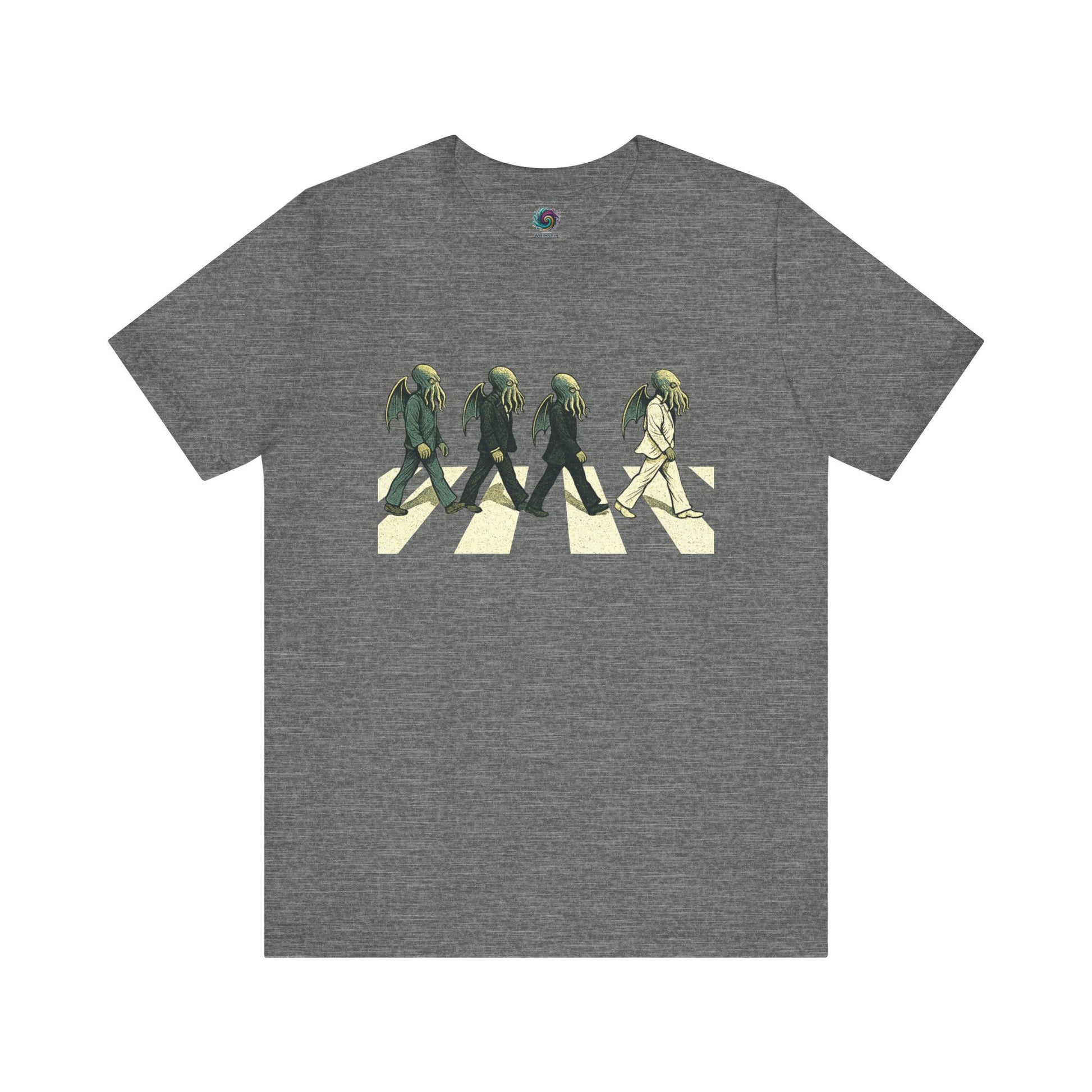 Cthulhu Crossing T-Shirt – Beatles Abbey Road Parody Tee in deep heather, flat lay Abbey Road parody t shirt with singer Cthulhu design.