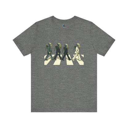 Cthulhu Crossing T-Shirt – Beatles Abbey Road Parody Tee in deep heather, flat lay Abbey Road parody t shirt with singer Cthulhu design.