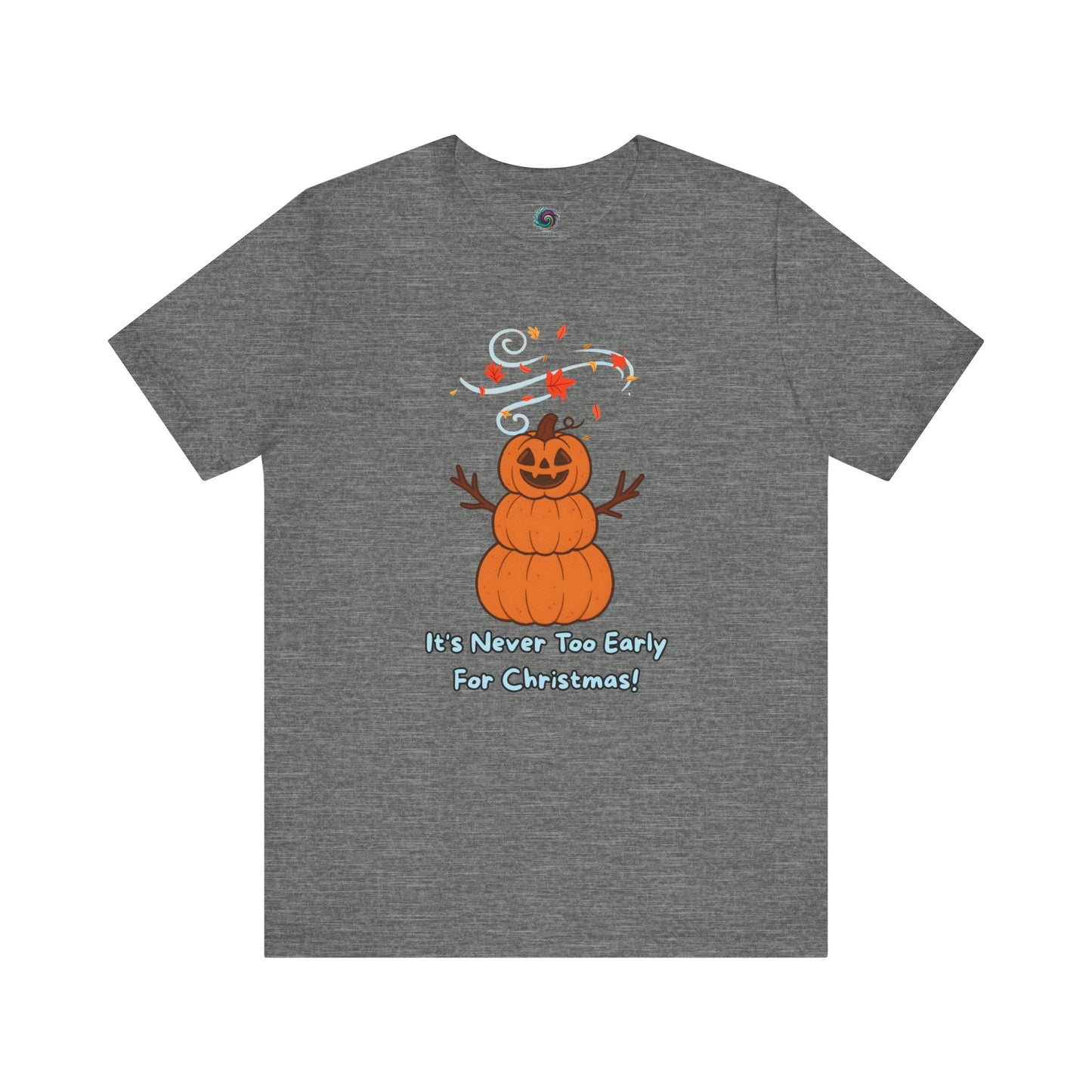 Pumpkin Snowman T-Shirt – It’s Never Too Early for Christmas in deep heather, funny Halloween Christmas tee with pumpkin snowman graphic.