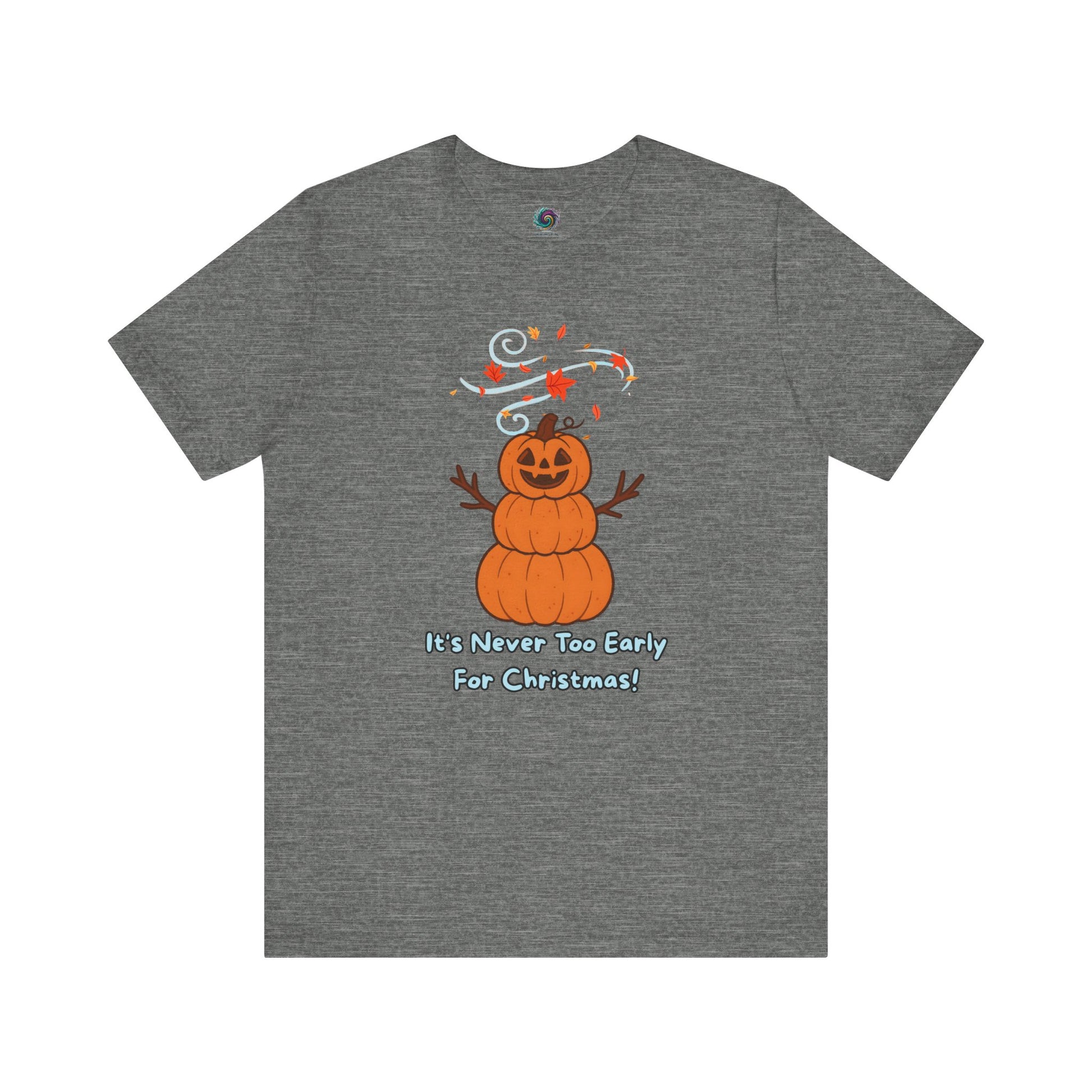 Pumpkin Snowman T-Shirt – It’s Never Too Early for Christmas in deep heather, funny Halloween Christmas tee with pumpkin snowman graphic.