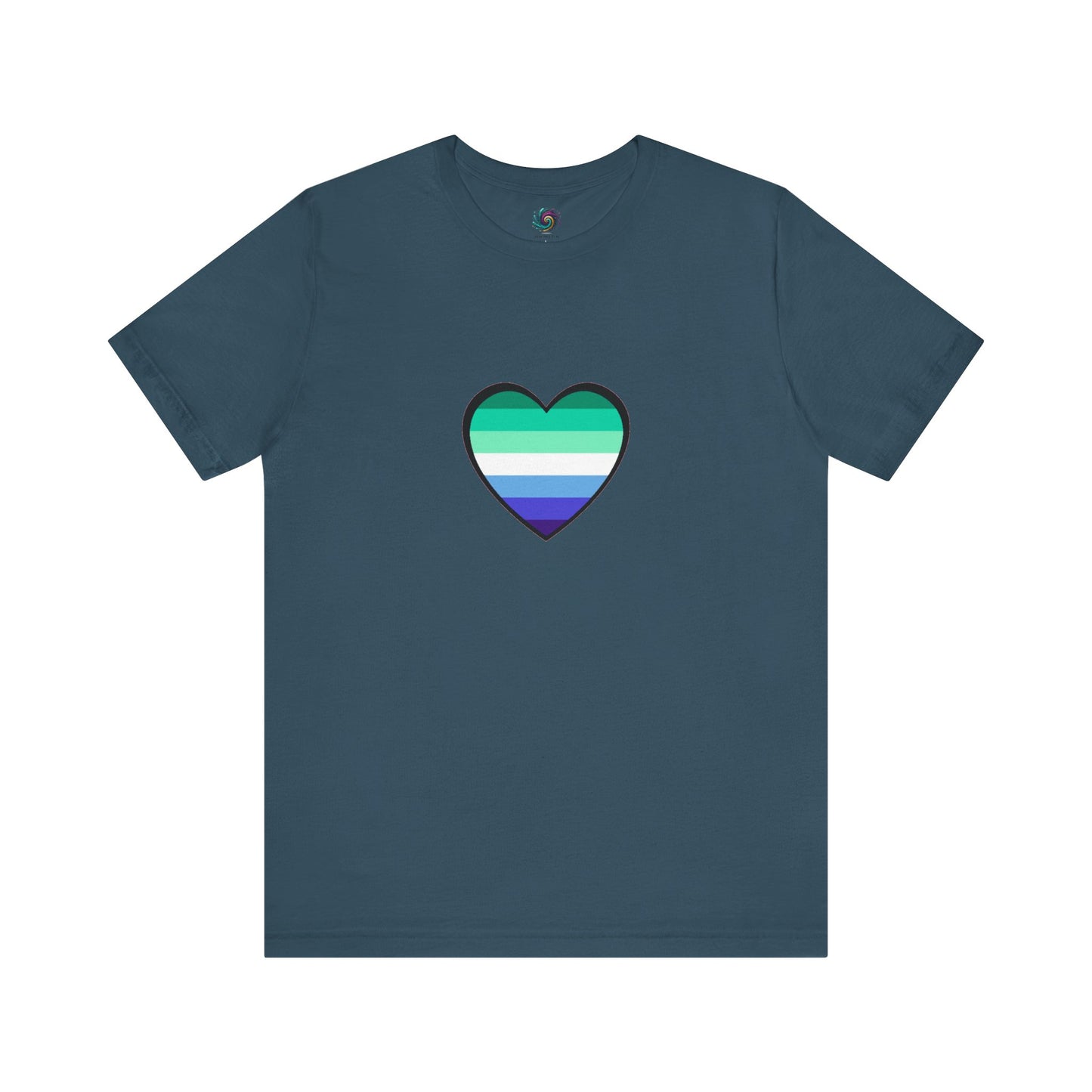 Gay Men's Pride Flag Heart T-Shirt – LGBTQ+ Flag Design on Unisex Tee in deep teal, featuring a vibrant gay heart design in blue and green hues.