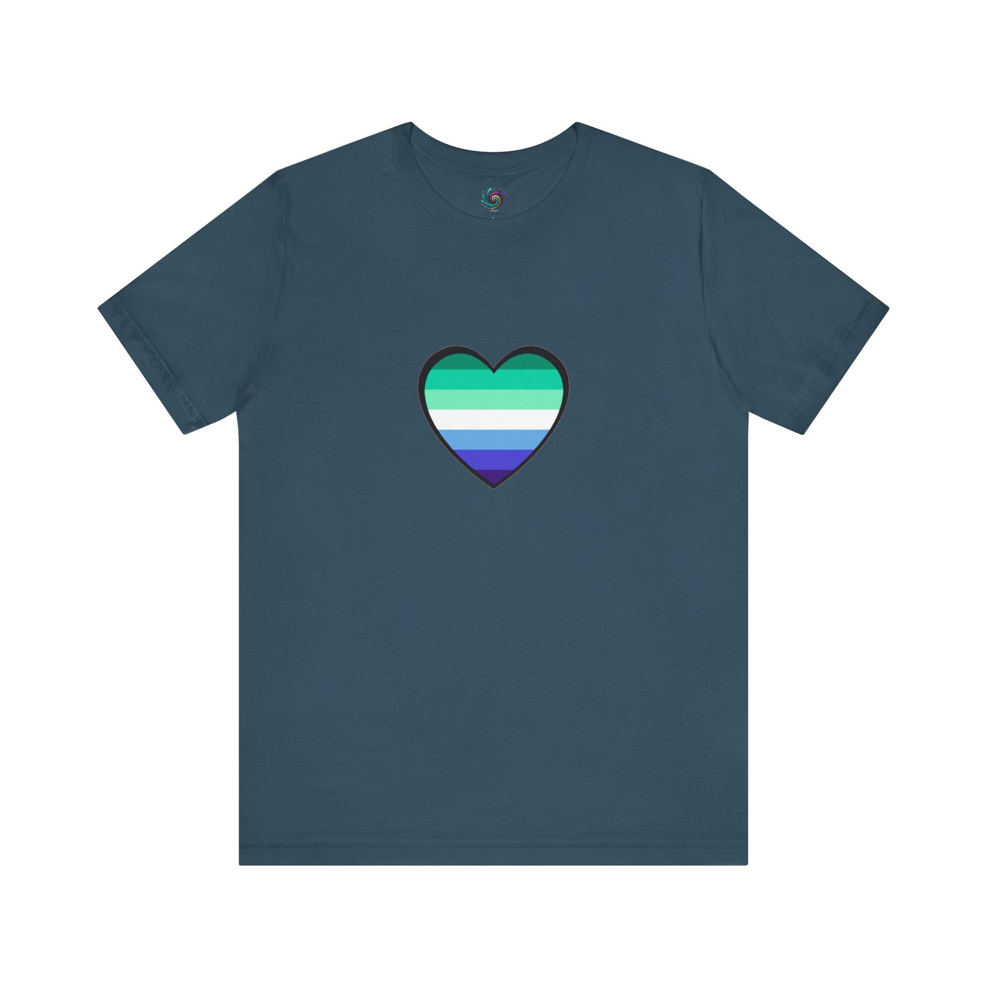Gay Men's Pride Flag Heart T-Shirt – LGBTQ+ Flag Design on Unisex Tee in deep teal, featuring a vibrant gay heart design in blue and green hues.