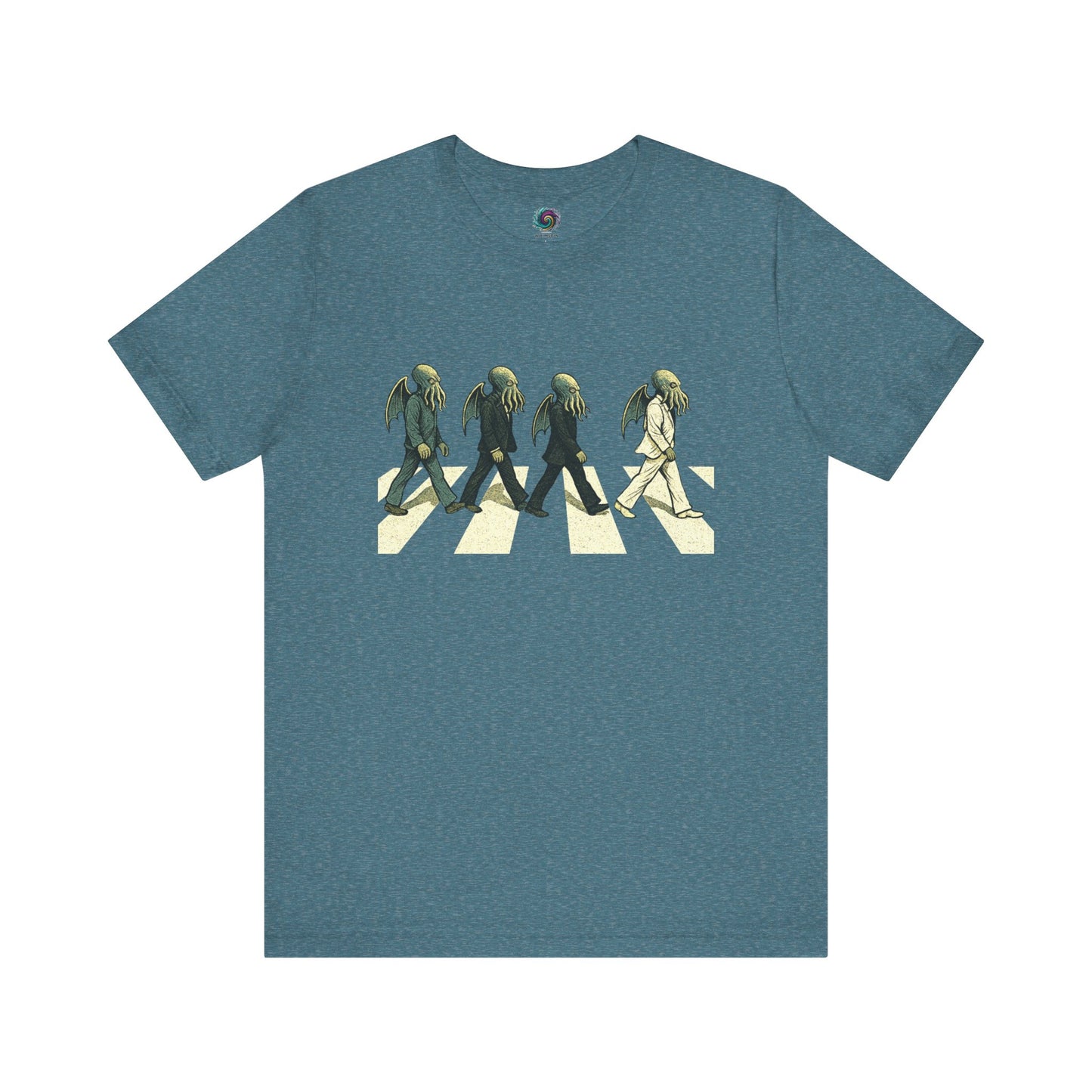 Cthulhu Crossing T-Shirt – Beatles Abbey Road Parody Tee in heather deep teal, flat lay parody shirt with Cthulhu rockers.