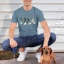 Abbey Road Shirt – Lifestyle
Cthulhu Crossing T-Shirt – Beatles Abbey Road Parody Tee in teal, modeled outdoors with dog, fun Cthulhu rocker parody shirt.