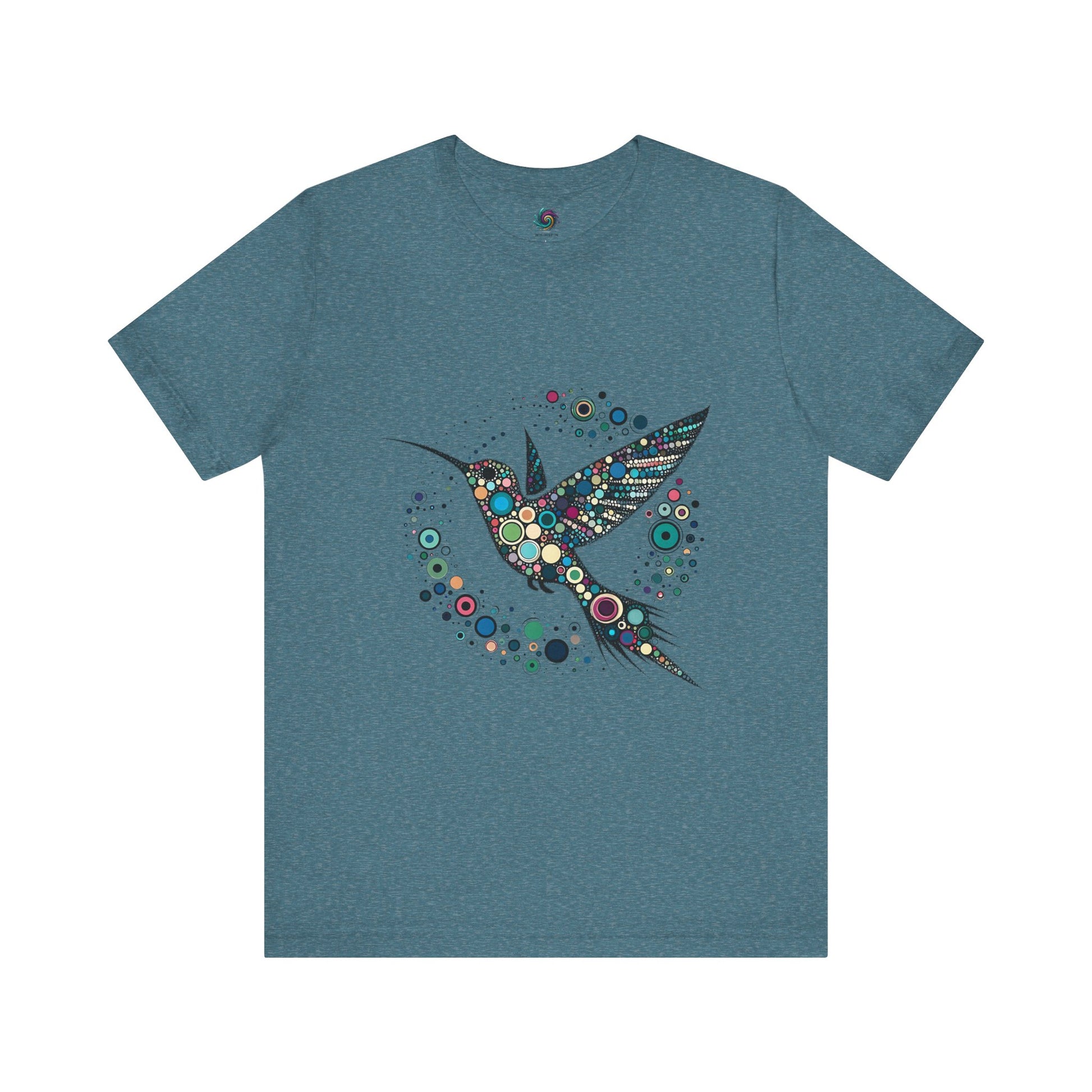 Hummingbird Dot Art T-Shirt – Colorful Nature-Inspired Graphic Tee shown flat in rich heather deep teal, highlighting vibrant dotted hummingbird art. A must-have hummingbird t shirt.