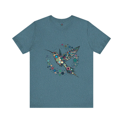 Hummingbird Dot Art T-Shirt – Colorful Nature-Inspired Graphic Tee shown flat in rich heather deep teal, highlighting vibrant dotted hummingbird art. A must-have hummingbird t shirt.