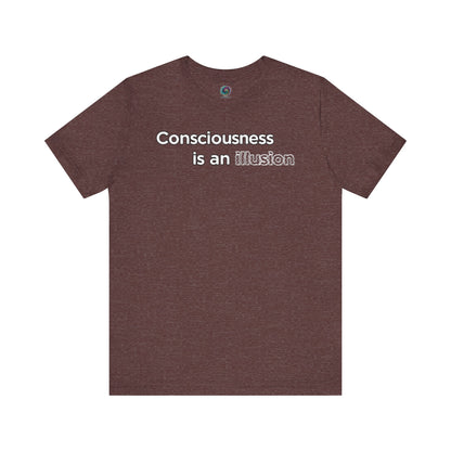 Consciousness Is an Illusion T-Shirt – Minimalist Existential Graphic Tee in Heather Maroon adding depth to the understated existential message