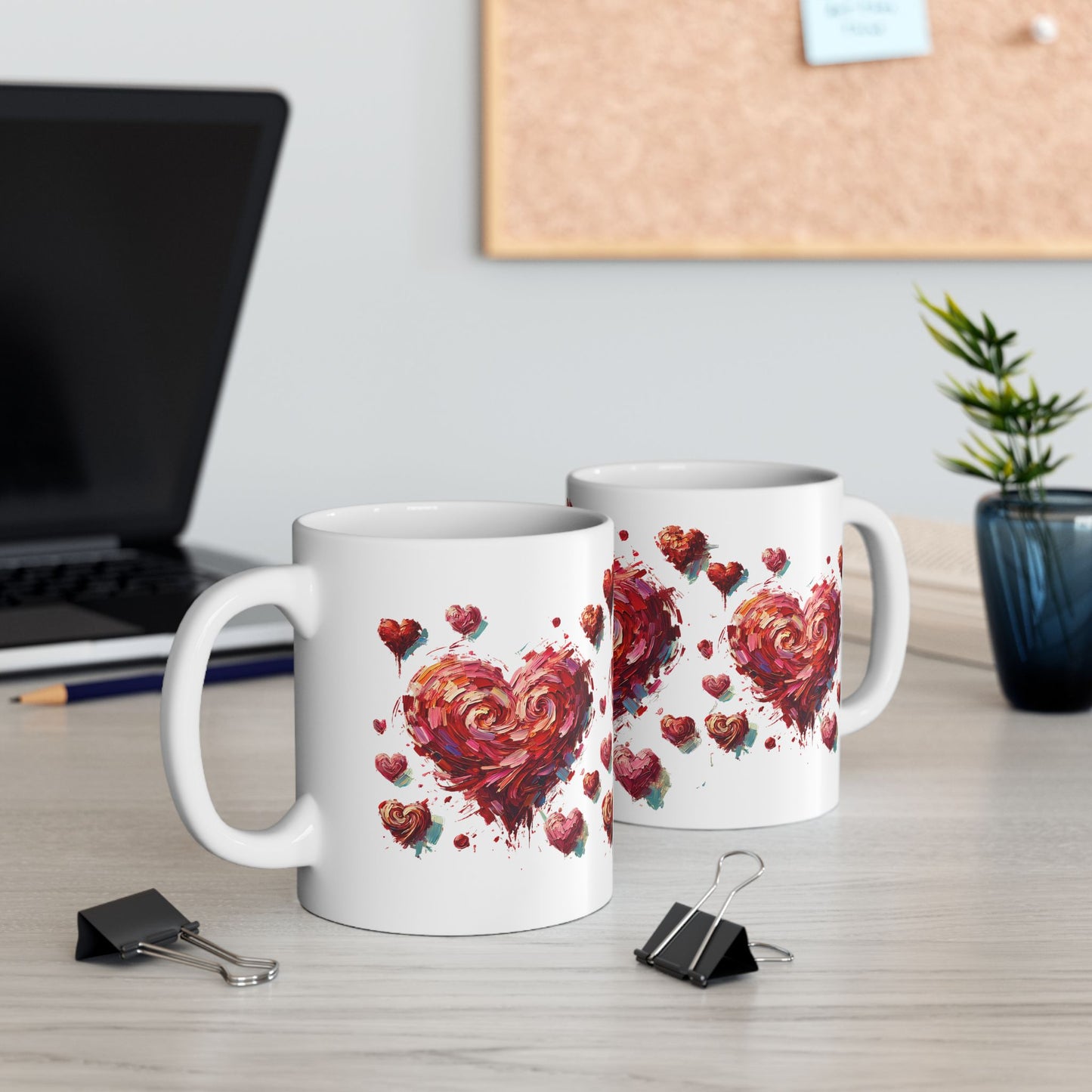 Impressionistic Heart Mug – Artistic Valentine's Day Coffee Cup 11oz & 15 oz styled on a modern desk, featuring an impressionistic heart motif that brings fine art charm to an everyday coffee cup.