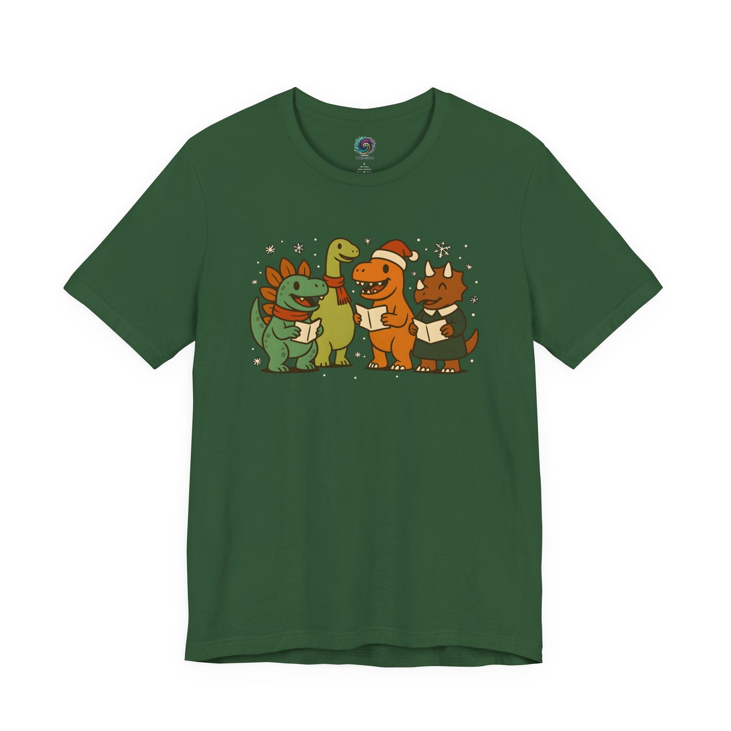 Dinosaur Carolers T-Shirt – Cute Dino Christmas Singing Tee in evergreen with caroling dinosaurs and falling snow