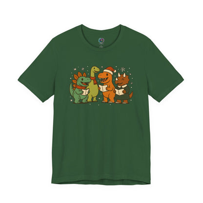 Dinosaur Carolers T-Shirt – Cute Dino Christmas Singing Tee in evergreen with caroling dinosaurs and falling snow